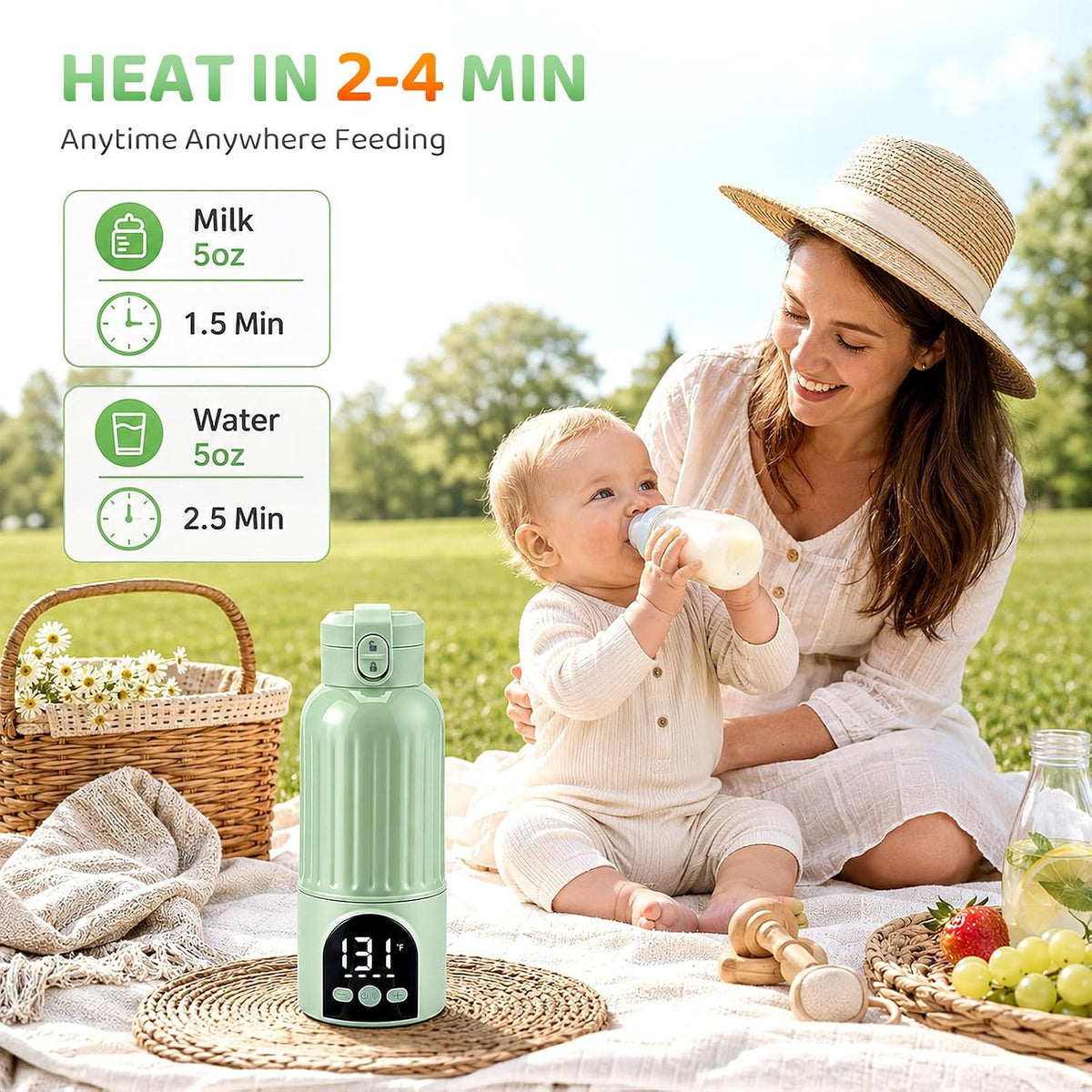 Portable Bottle Warmer for Travel, Large 17oz Capacity Baby Bottle Warmer, 12000mAh Rechargeable Instant Breastmilk, Precise Temperature Control(77–131°F) for Travel, Outdoor - Fast 2.5 Min Heating