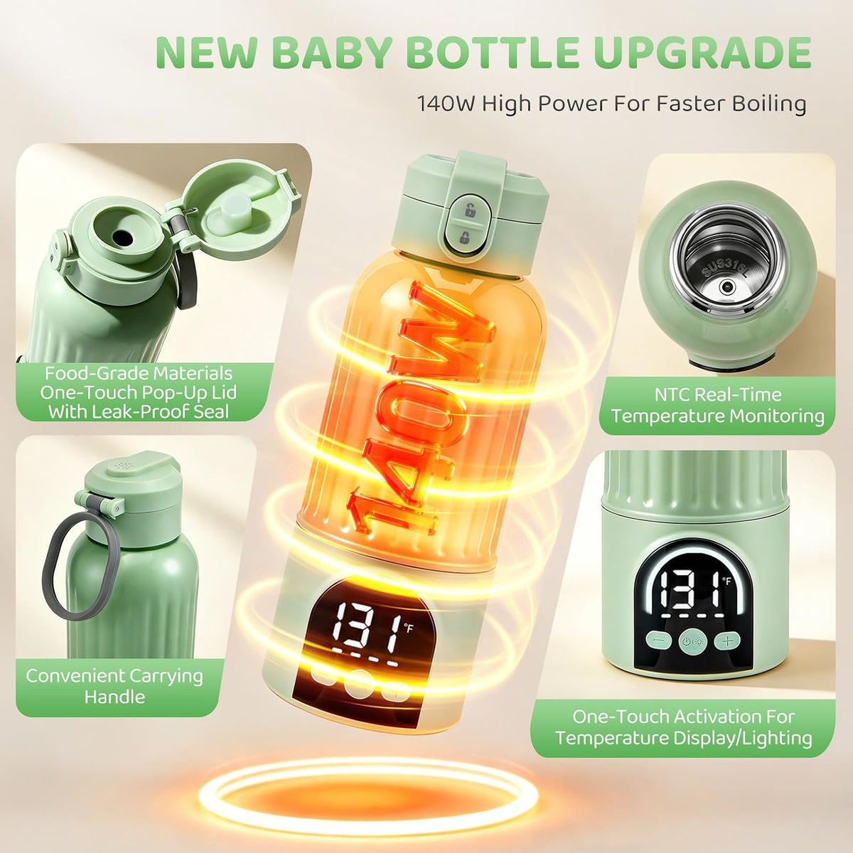Portable Bottle Warmer for Travel, Large 17oz Capacity Baby Bottle Warmer, 12000mAh Rechargeable Instant Breastmilk, Precise Temperature Control(77–131°F) for Travel, Outdoor - Fast 2.5 Min Heating