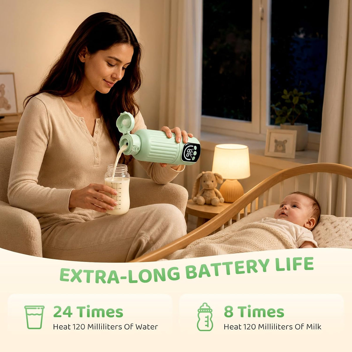 Portable Bottle Warmer for Travel, Large 17oz Capacity Baby Bottle Warmer, 12000mAh Rechargeable Instant Breastmilk, Precise Temperature Control(77–131°F) for Travel, Outdoor - Fast 2.5 Min Heating