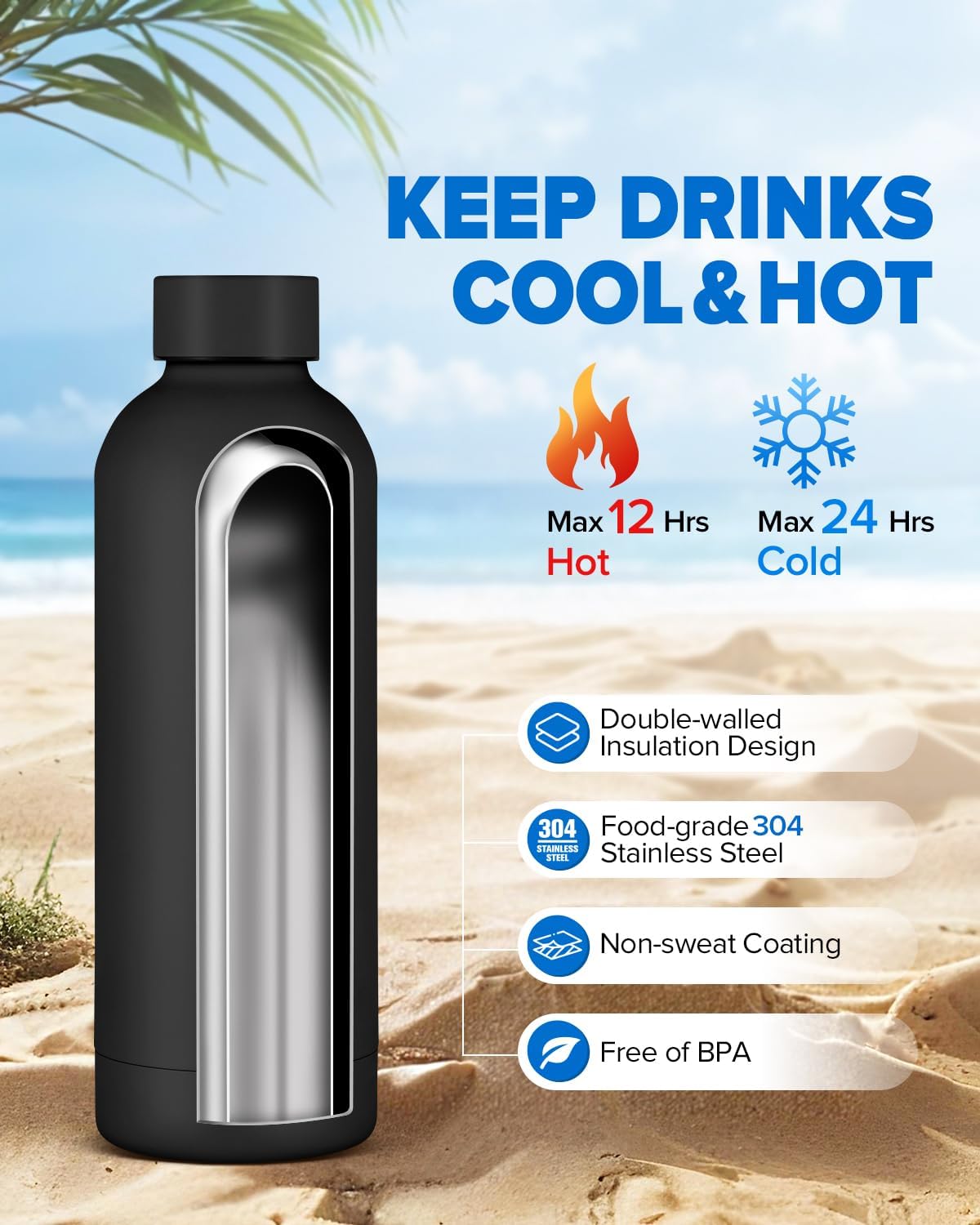 Stainless Steel Insulated Water Bottle no straw for Travel, Gym, 25oz, White