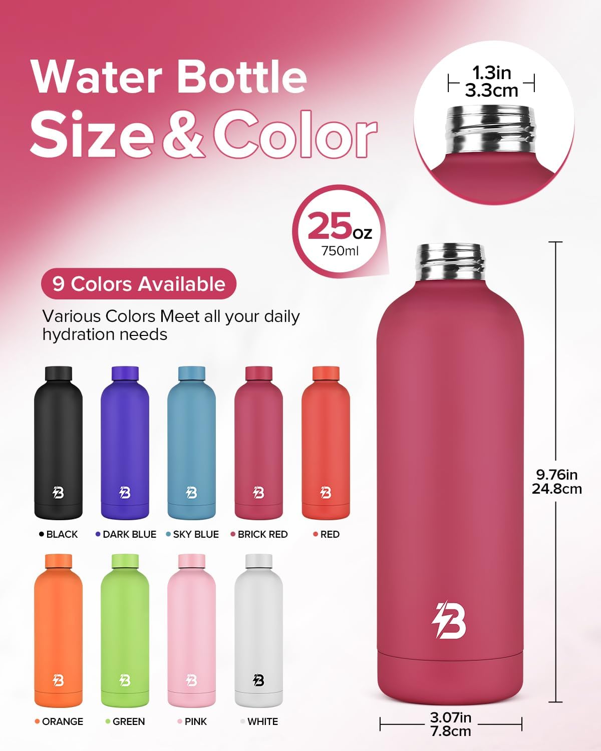 Stainless Steel Insulated Water Bottle no straw for Travel, Gym, 25oz, White