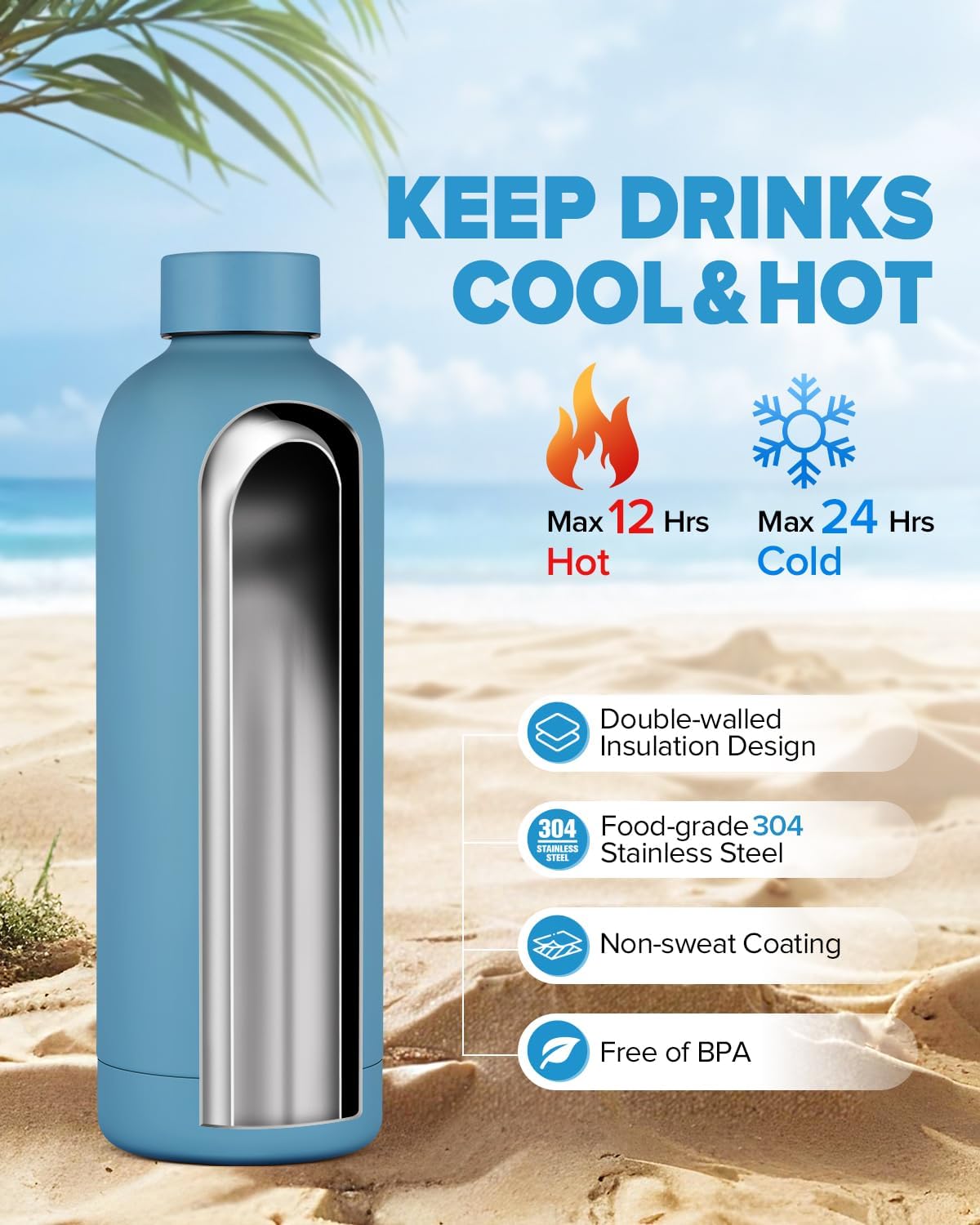 Stainless Steel Insulated Water Bottle no straw for Travel, Gym, 25oz, White
