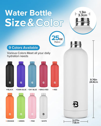 Stainless Steel Insulated Water Bottle no straw for Travel, Gym, 25oz, White