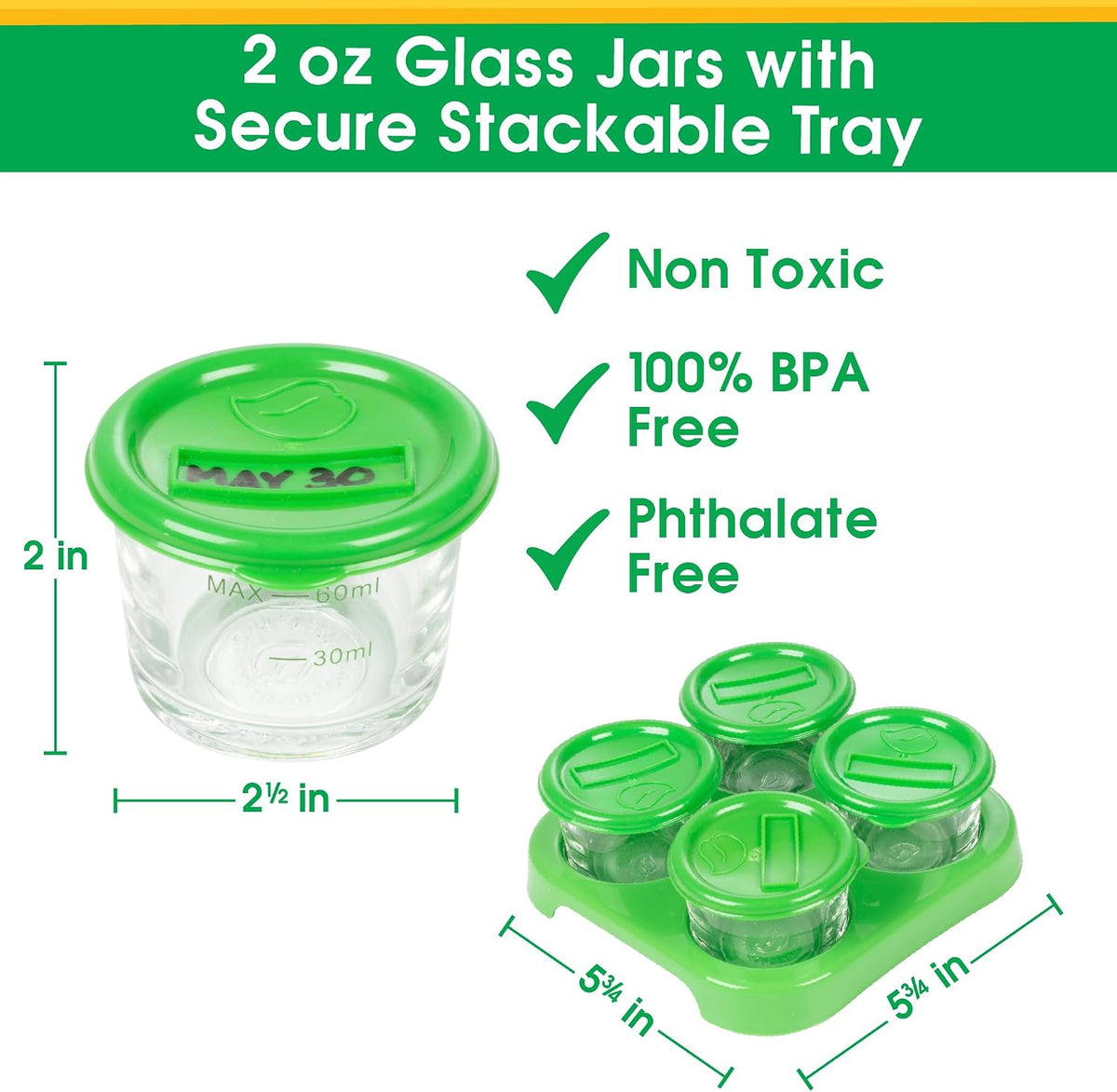 Glass Baby Food Storage Containers 4 Pk, 2oz Jars in Stackable Storage Tray
