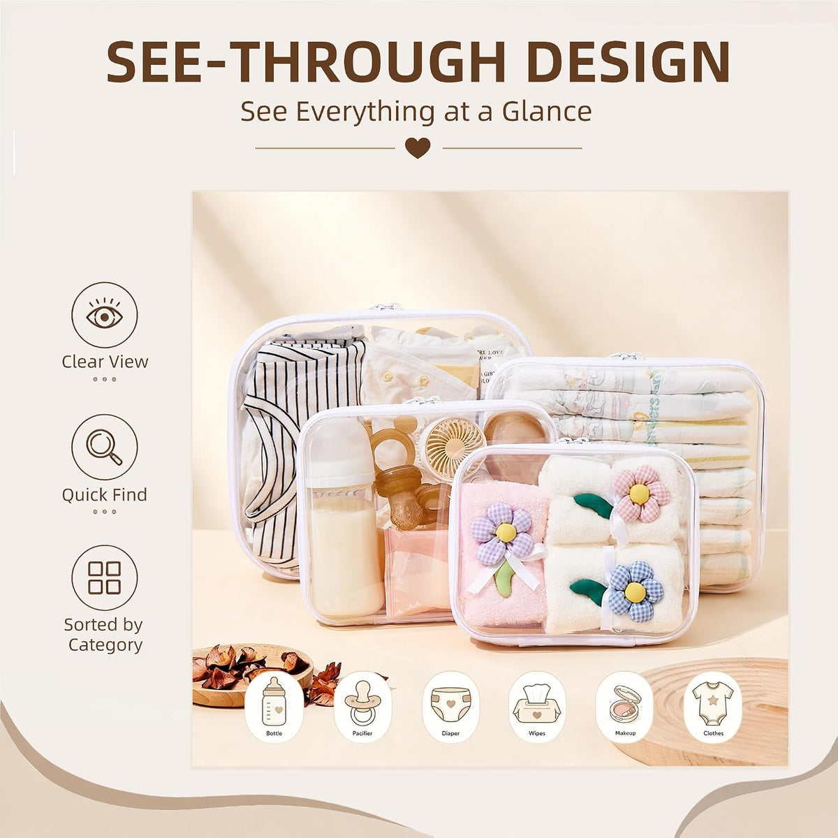 Clear Hard Shell Diaper Bag Organizer Pouches Cosmetic Bags
