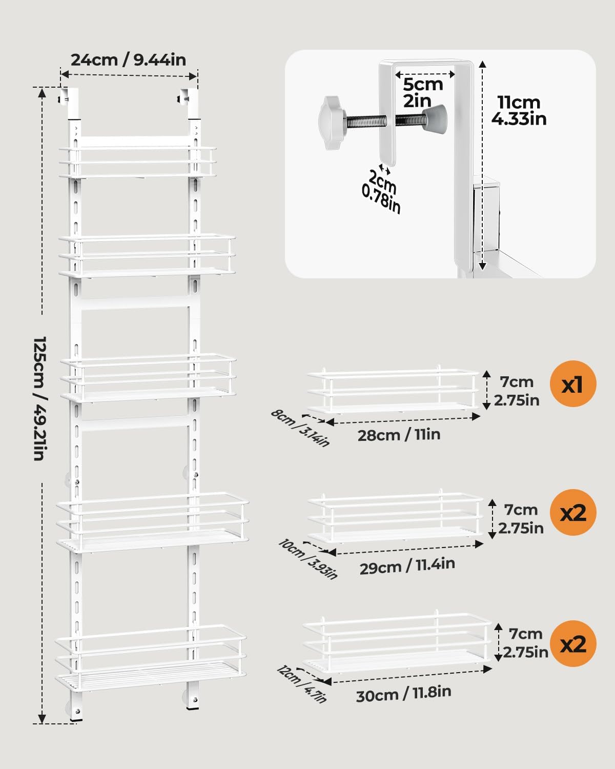 5-Tier Narrow Pantry Door Organizer,Over the Door Pantry Organizer,White