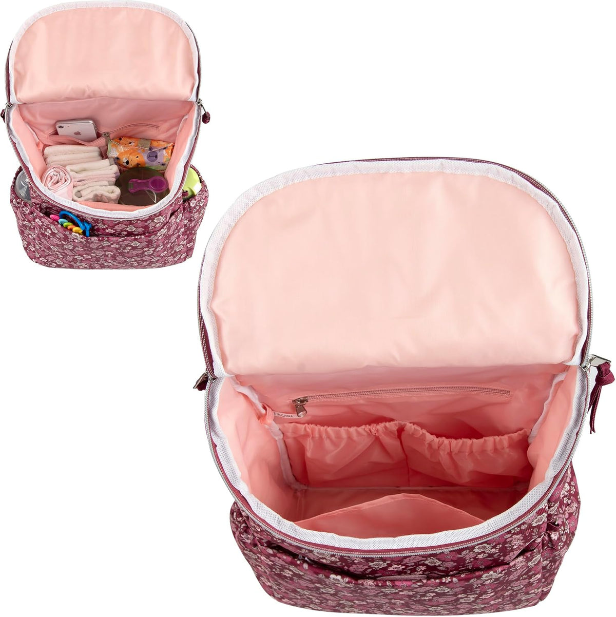 Multi-Function Floral Diaper Backpack and Travel Nappy Baby Bag with Changing Pad and Stroller Straps