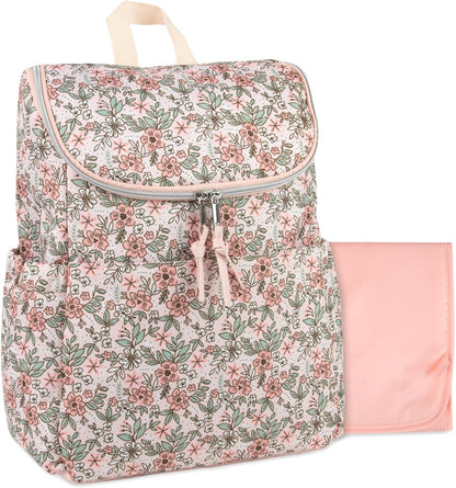 Multi-Function Floral Diaper Backpack and Travel Nappy Baby Bag with Changing Pad and Stroller Straps