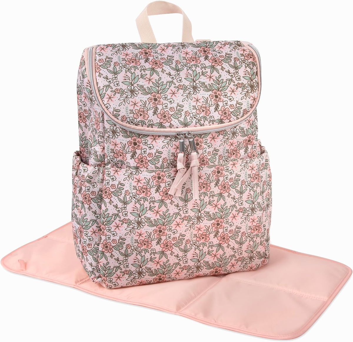 Multi-Function Floral Diaper Backpack and Travel Nappy Baby Bag with Changing Pad and Stroller Straps
