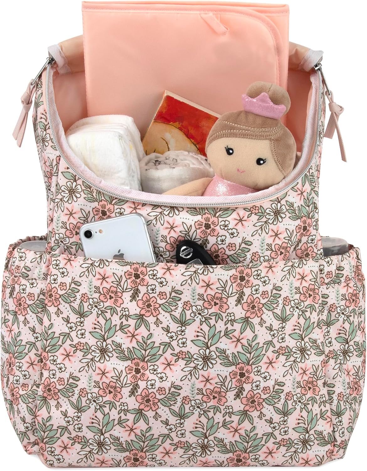 Multi-Function Floral Diaper Backpack and Travel Nappy Baby Bag with Changing Pad and Stroller Straps