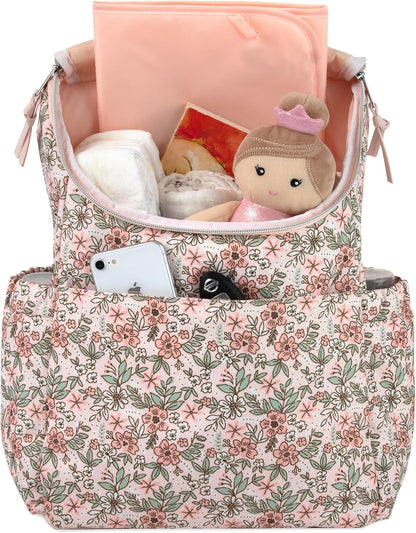 Multi-Function Floral Diaper Backpack and Travel Nappy Baby Bag with Changing Pad and Stroller Straps