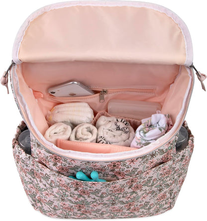 Multi-Function Floral Diaper Backpack and Travel Nappy Baby Bag with Changing Pad and Stroller Straps