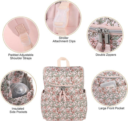 Multi-Function Floral Diaper Backpack and Travel Nappy Baby Bag with Changing Pad and Stroller Straps