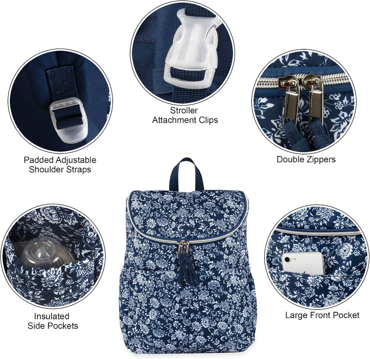 Multi-Function Floral Diaper Backpack and Travel Nappy Baby Bag with Changing Pad and Stroller Straps