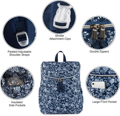 Multi-Function Floral Diaper Backpack and Travel Nappy Baby Bag with Changing Pad and Stroller Straps