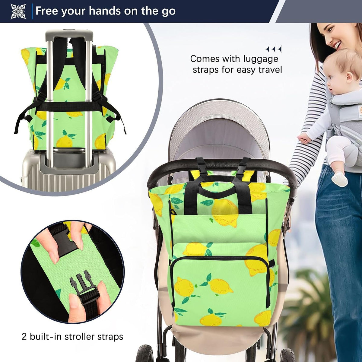 Diaper Bag Backpack, Multifunction Travel Bag for Moms Dads, Baby Changing Bag with Insulted Pockets, Stroller Straps and Side Bottle Pockets Sunny Citrus Pattern