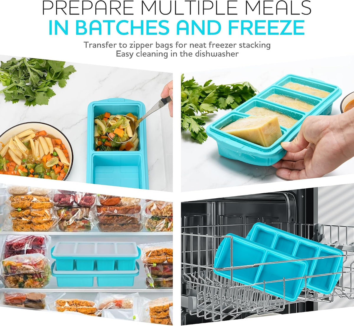 Silicone Freezer Tray With Lid-Soup Freezer Container molds-Large Ice Cube Tray Set Makes 1-Cup & 2-Cup portions cubes Perfect for preparing meals in different portion sizes Oven & Dishwasher -Safe