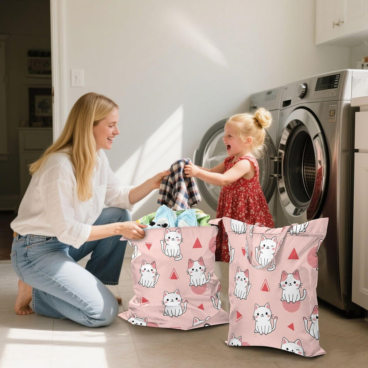 Cat Pink Waterproof Travel Laundry Bag Washable 2 Count