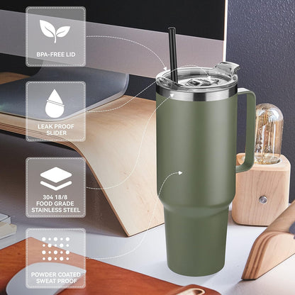 40 oz Stainless Steel Tumbler with Handle, Vacuum Insulated Tumblers Bulk, Reusable Double Wall Travel Coffee Mug, Durable Powder Coated Water Bottles(Army Green, 4)