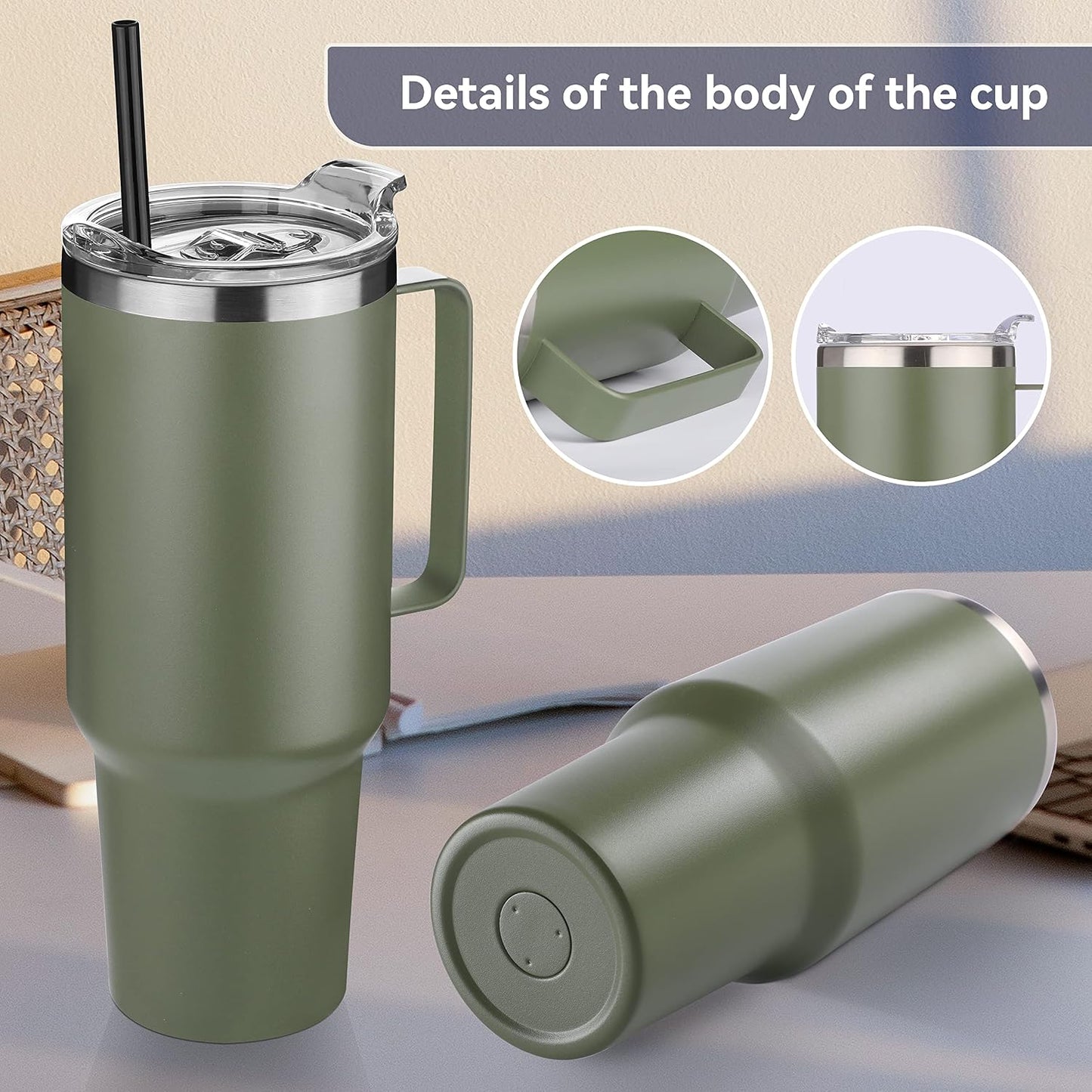 40 oz Stainless Steel Tumbler with Handle, Vacuum Insulated Tumblers Bulk, Reusable Double Wall Travel Coffee Mug, Durable Powder Coated Water Bottles(Army Green, 4)
