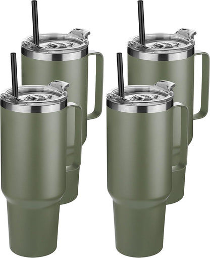 40 oz Stainless Steel Tumbler with Handle, Vacuum Insulated Tumblers Bulk, Reusable Double Wall Travel Coffee Mug, Durable Powder Coated Water Bottles(Army Green, 4)