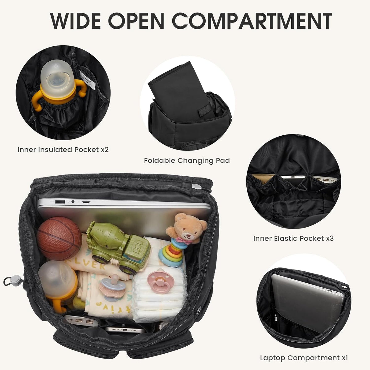 Diaper Bag Backpack for Moms Dads Travel Baby Bag with Pacifier Case & Insulated Pockets,Black