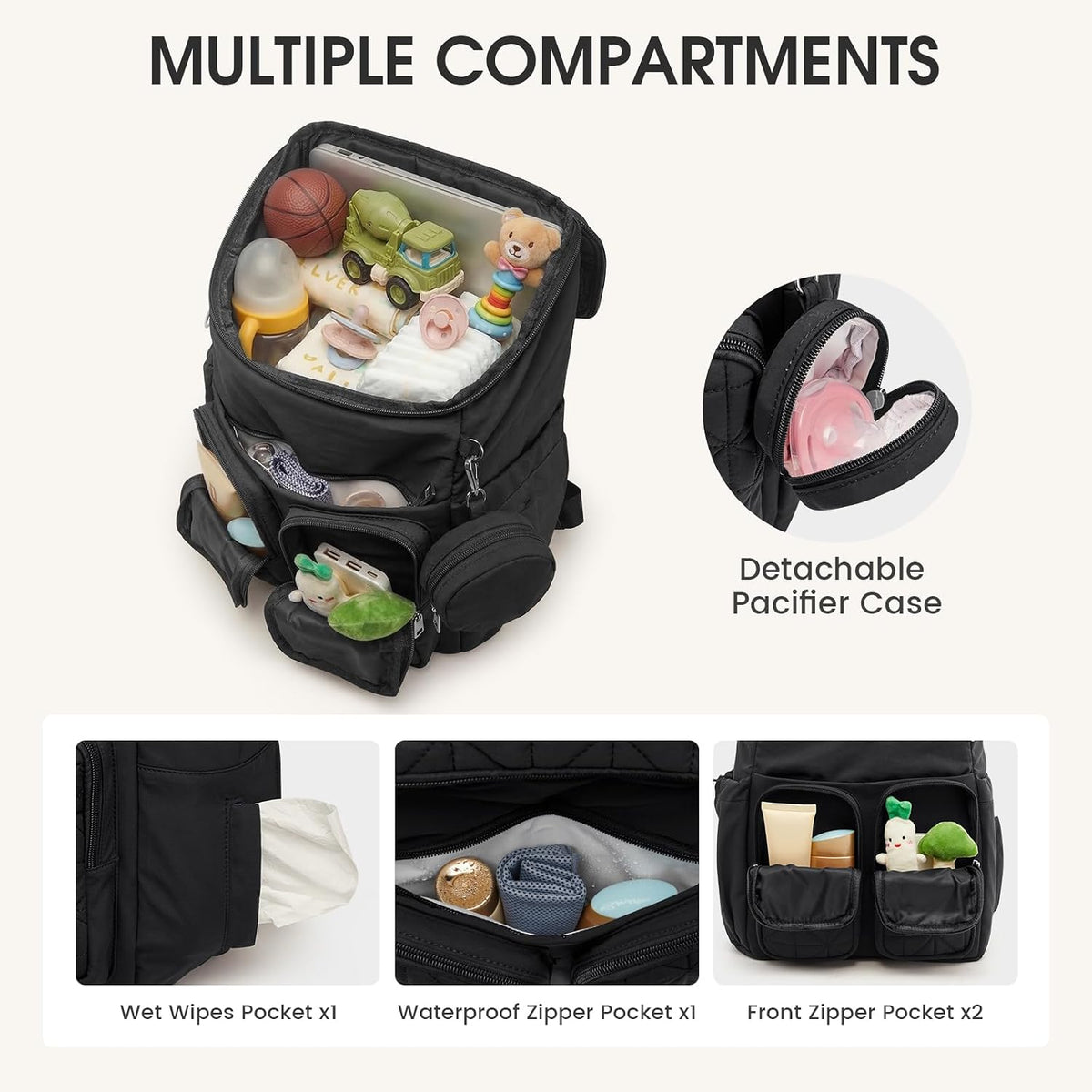 Diaper Bag Backpack for Moms Dads Travel Baby Bag with Pacifier Case & Insulated Pockets,Black