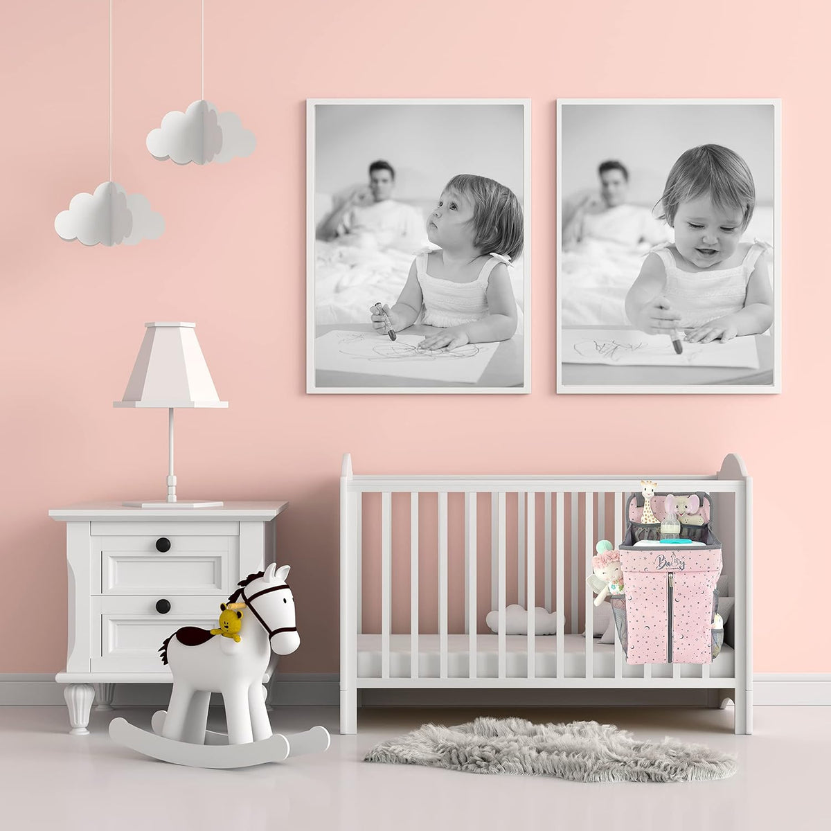 Hanging Diaper Caddy - Baby Diaper Organizer for Changing Table - Diaper Stacker for Crib, Playard or Wall - Newborn Diaper Holder (Pink)