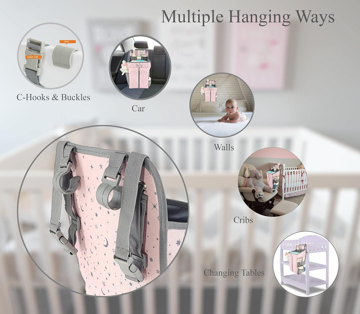 Hanging Diaper Caddy - Baby Diaper Organizer for Changing Table - Diaper Stacker for Crib, Playard or Wall - Newborn Diaper Holder (Pink)