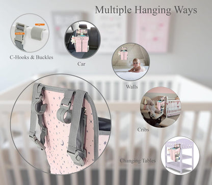 Hanging Diaper Caddy - Baby Diaper Organizer for Changing Table - Diaper Stacker for Crib, Playard or Wall - Newborn Diaper Holder (Pink)