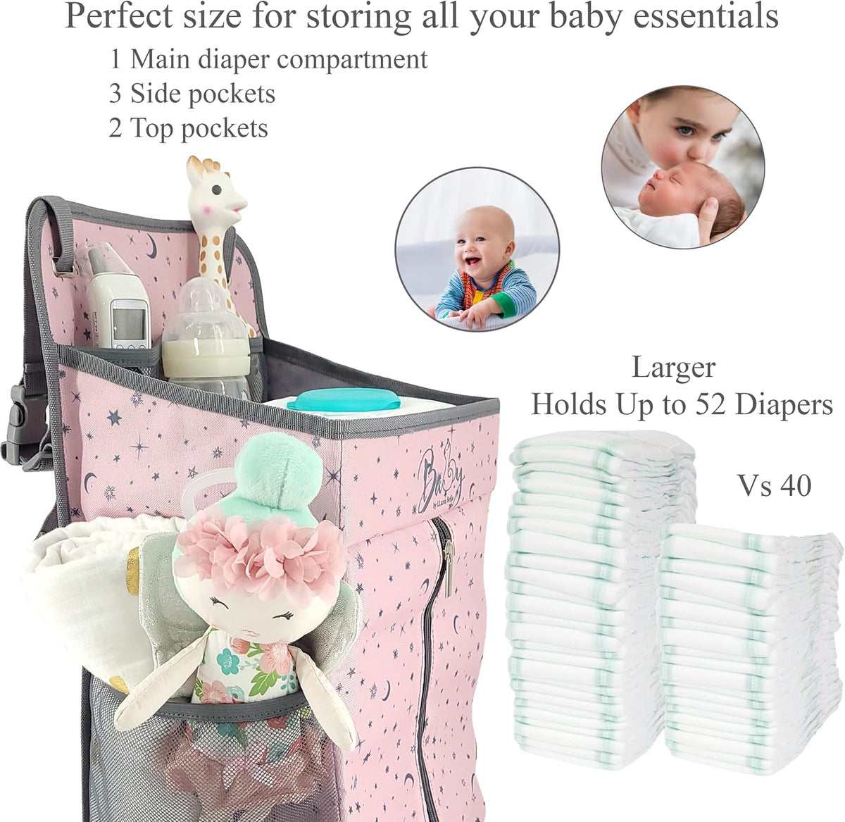 Hanging Diaper Caddy - Baby Diaper Organizer for Changing Table - Diaper Stacker for Crib, Playard or Wall - Newborn Diaper Holder (Pink)