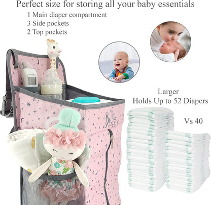 Hanging Diaper Caddy - Baby Diaper Organizer for Changing Table - Diaper Stacker for Crib, Playard or Wall - Newborn Diaper Holder (Pink)