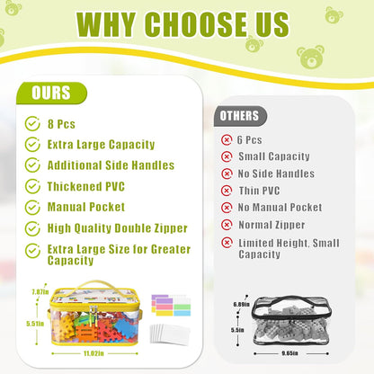 8 Packs Large Clear Toy Storage Bags with Double Zipper & Handles, L