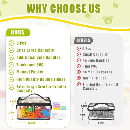 8 Packs Large Clear Toy Storage Bags with Double Zipper & Handles, L