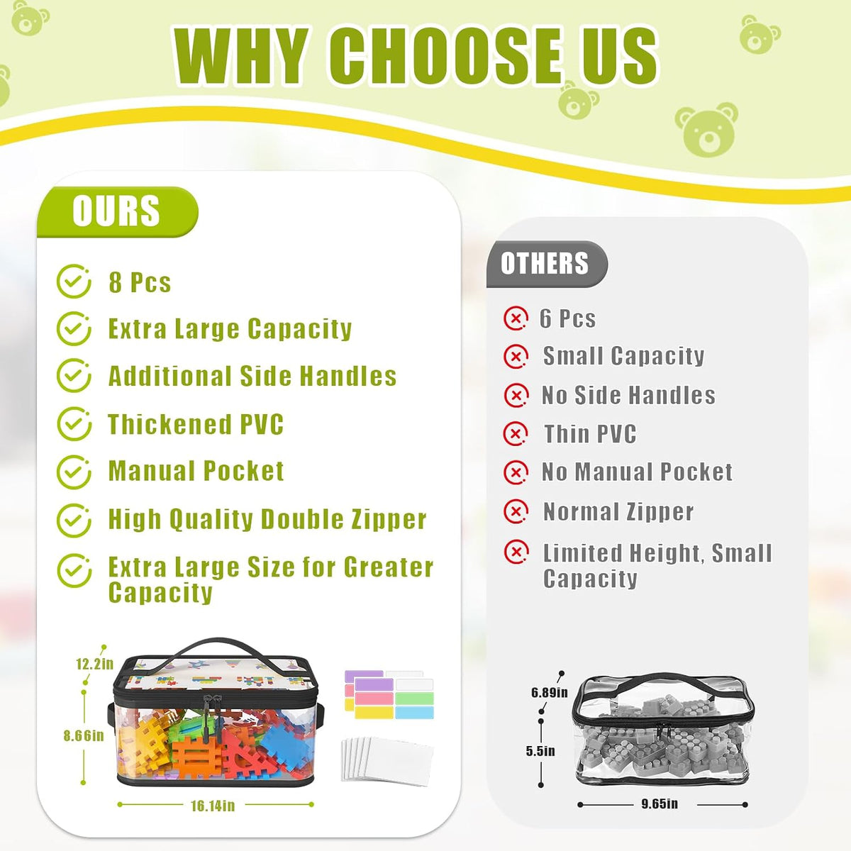 8 Packs Large Clear Toy Storage Bags with Double Zipper & Handles, L