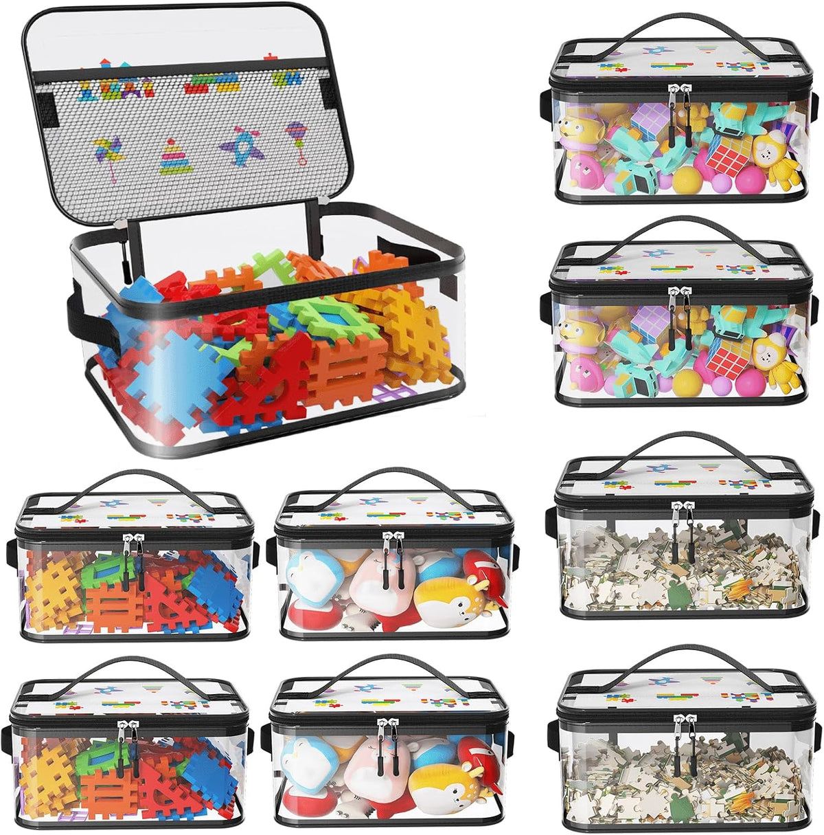 8 Packs Large Clear Toy Storage Bags with Double Zipper & Handles, L