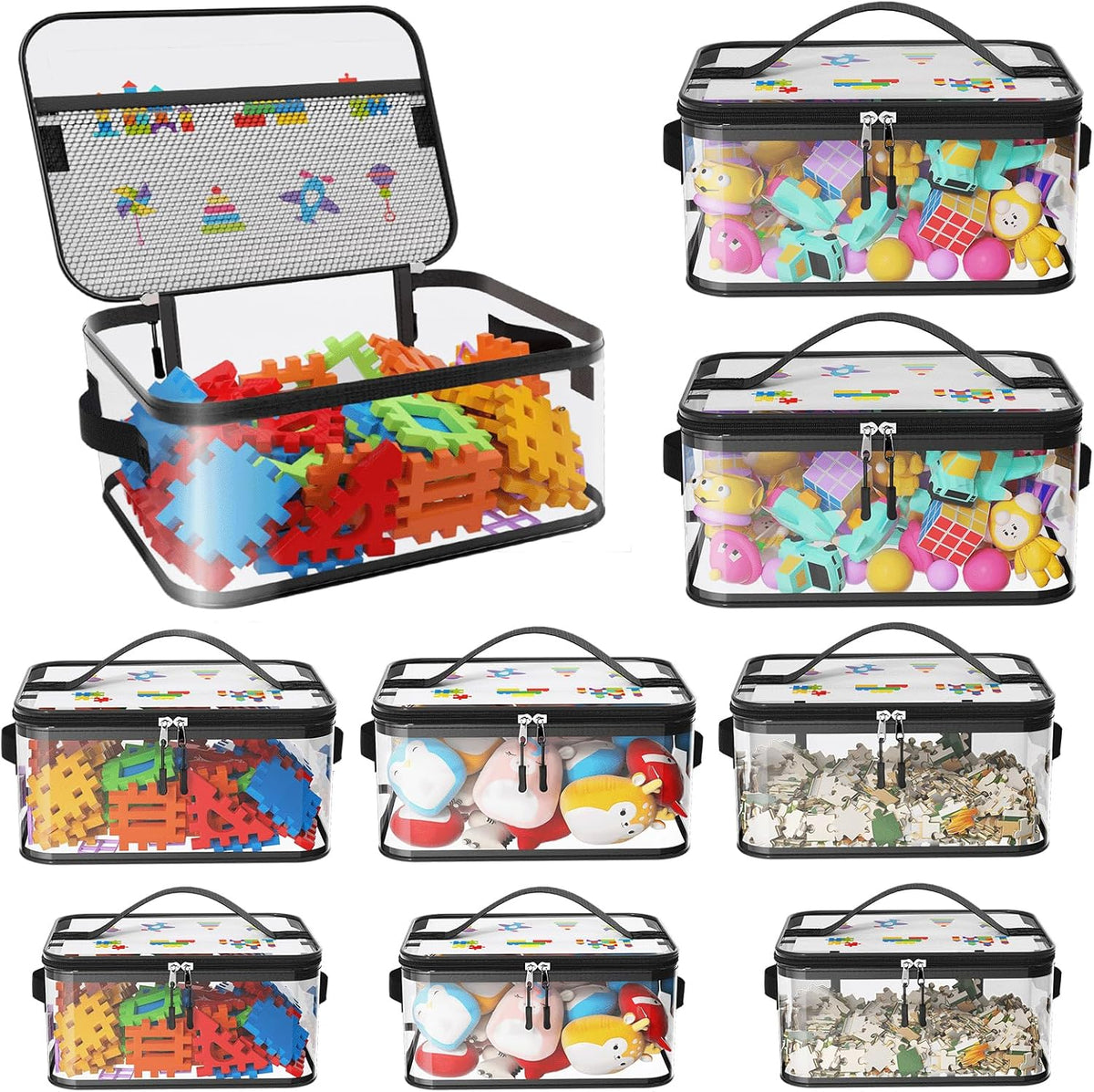 8 Packs Large Clear Toy Storage Bags with Double Zipper & Handles, L