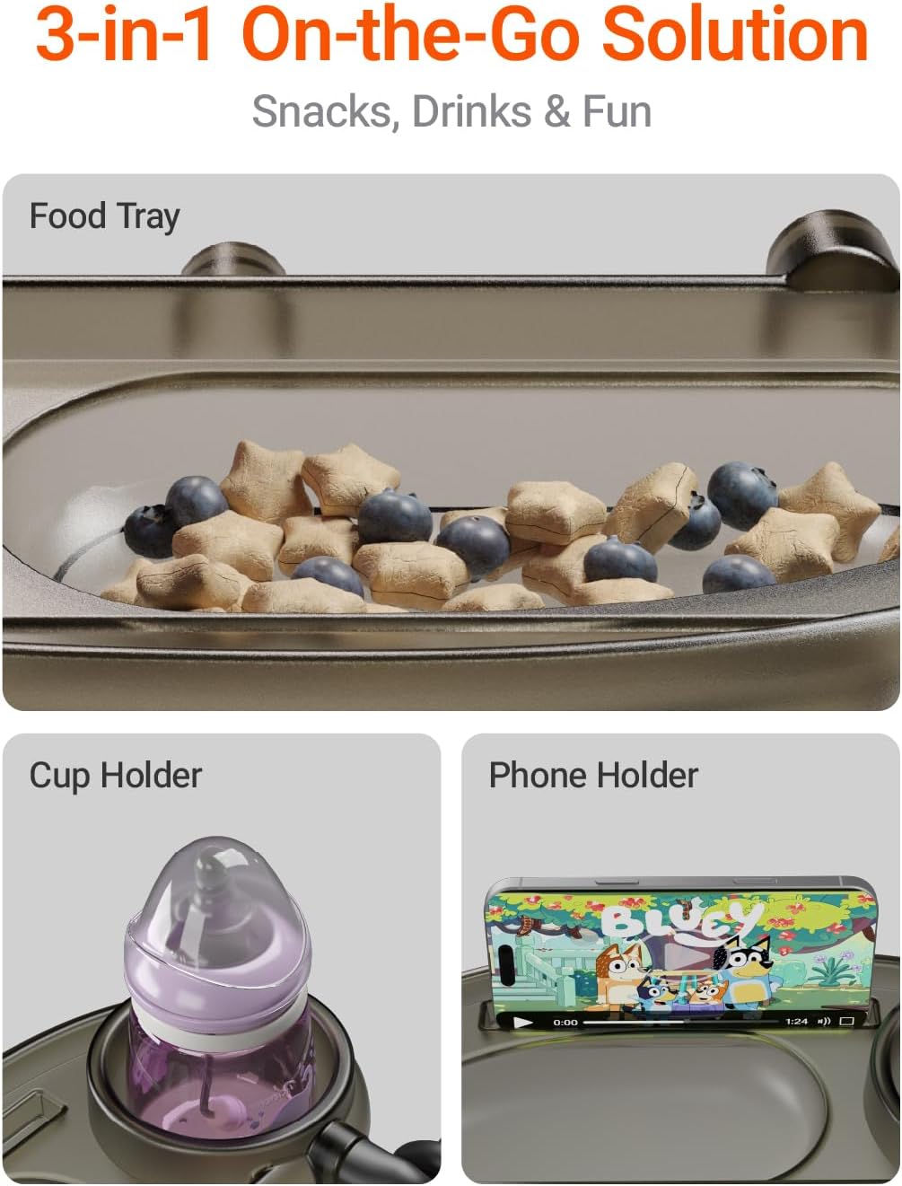 3 in 1 Universal Stroller Snack Tray with Cup & Phone Holder