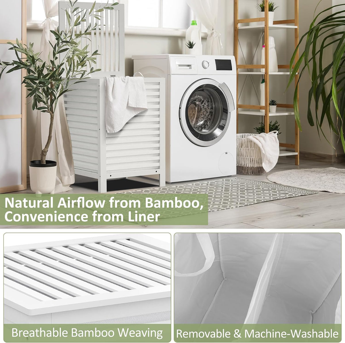 Bamboo Laundry Hamper with Lid, 120L Large Double Laundry Basket with Removable Liner Bag, 2-Section Clothes Laundry Sorter for Bedroom, Bathroom, Laundry Room,18.5 x 18.5 x 25.6 Inches