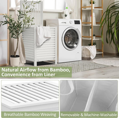 Bamboo Laundry Hamper with Lid, 120L Large Double Laundry Basket with Removable Liner Bag, 2-Section Clothes Laundry Sorter for Bedroom, Bathroom, Laundry Room,18.5 x 18.5 x 25.6 Inches