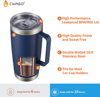20 oz Tumbler Mug with Lid and Straw, Insulated Travel Mug with Handle, Double Wall Stainless Steel Vacuum Coffee Tumbler, Thermal Cup, Navy Blue