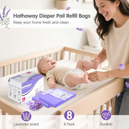 Diaper Pail Refill Bags Compatible With Dekor Plus Diaper Pail, Extra 30% Length, Lavender Scent, 8 Pack