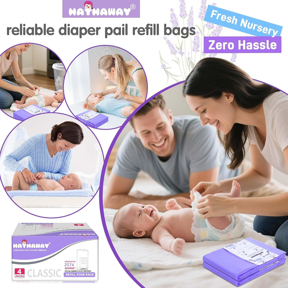 Diaper Pail Refill Bags Compatible With Dekor Plus Diaper Pail, Extra 30% Length, Lavender Scent, 8 Pack