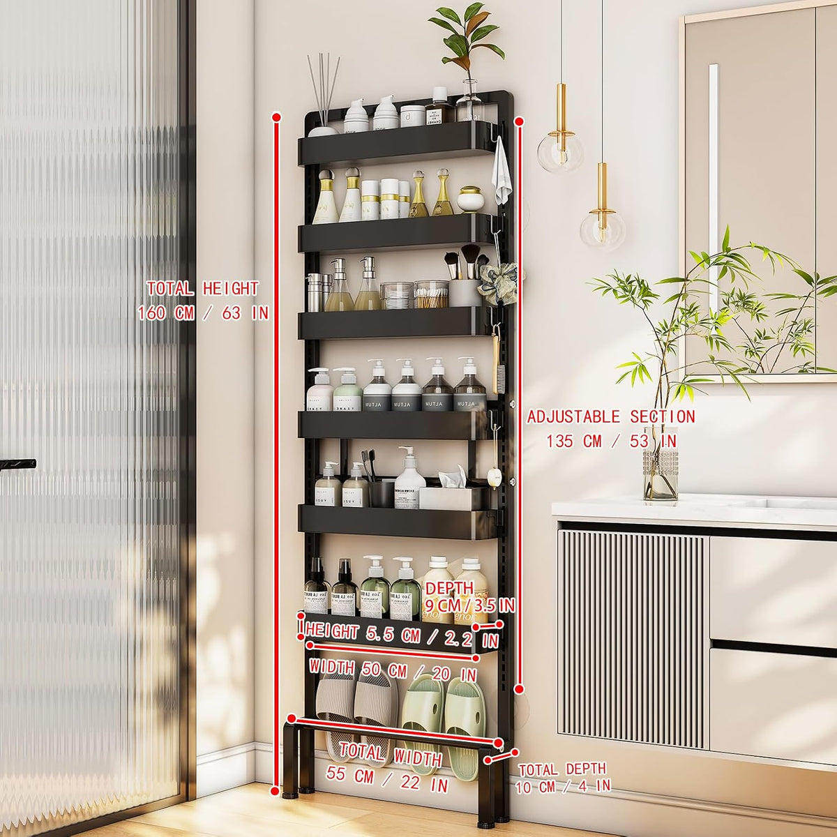 ABCOOL Behind Door Storage Organizer Rack, 6 Tier Adjustable Hanging Baskets Free Standing Thin Metal Space Savers Room Storage Organizers, Back of Door Heavy Duty Storage