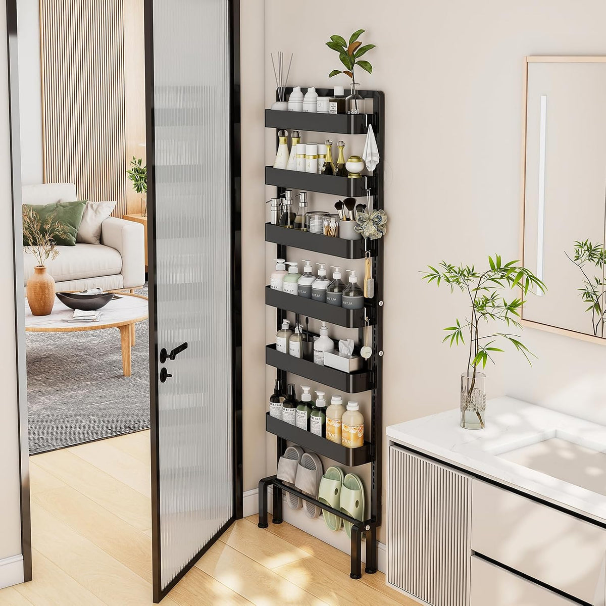 ABCOOL Behind Door Storage Organizer Rack, 6 Tier Adjustable Hanging Baskets Free Standing Thin Metal Space Savers Room Storage Organizers, Back of Door Heavy Duty Storage