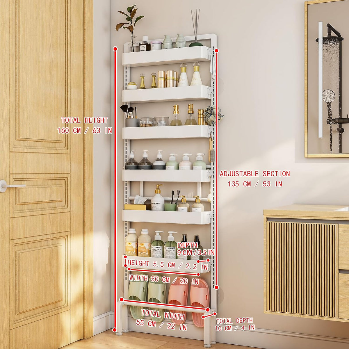 ABCOOL Behind Door Storage Organizer Rack, 6 Tier Adjustable Hanging Baskets Free Standing Thin Metal Space Savers Room Storage Organizers, Back of Door Heavy Duty Storage