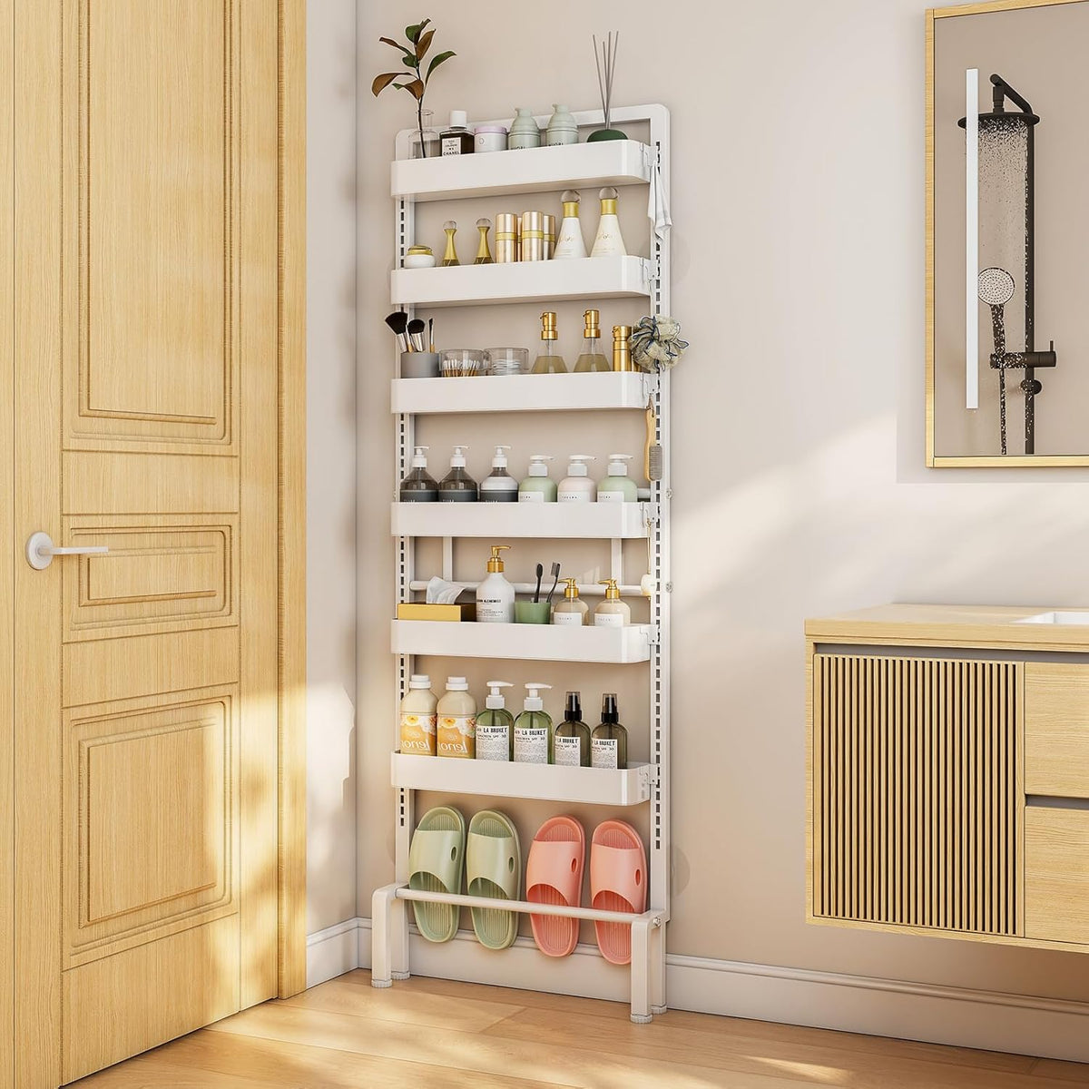 ABCOOL Behind Door Storage Organizer Rack, 6 Tier Adjustable Hanging Baskets Free Standing Thin Metal Space Savers Room Storage Organizers, Back of Door Heavy Duty Storage
