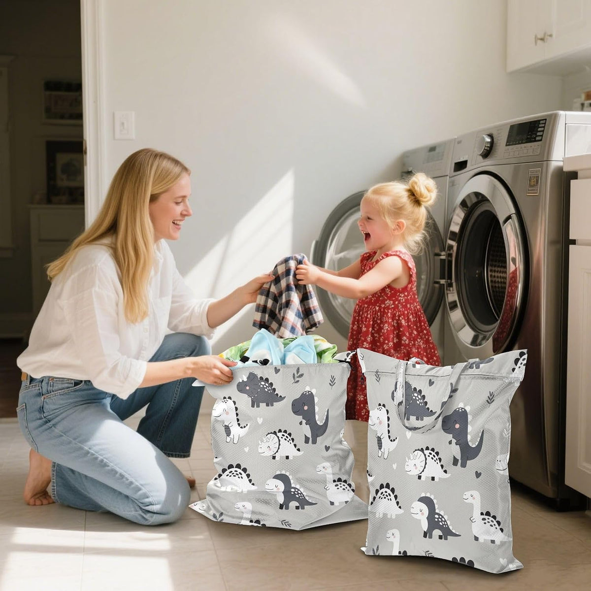 Dinosaurs Hearts Waterproof Travel Laundry Bag Easy Care Set of 2