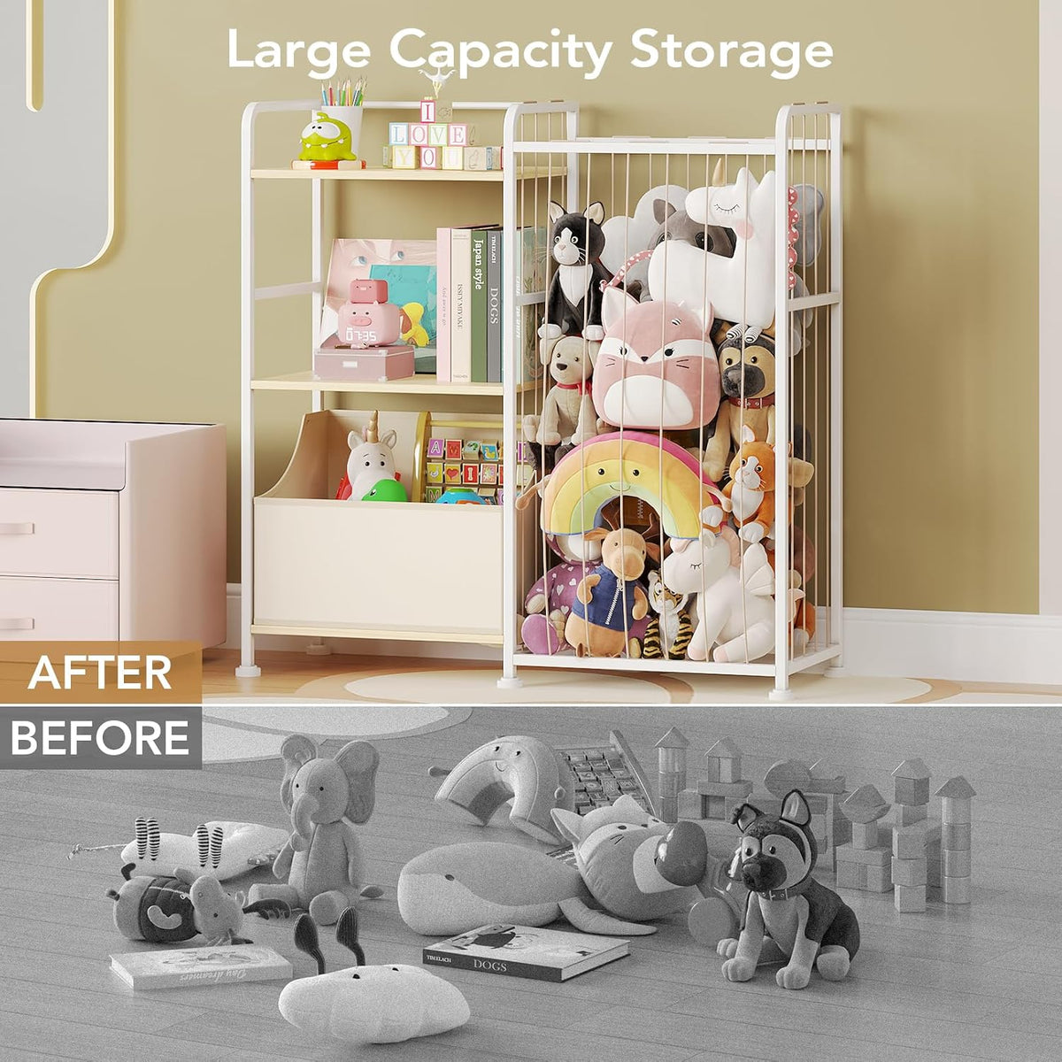 Toy Storage Organizer, Stuffed Animal Storage with Toy Bin, White