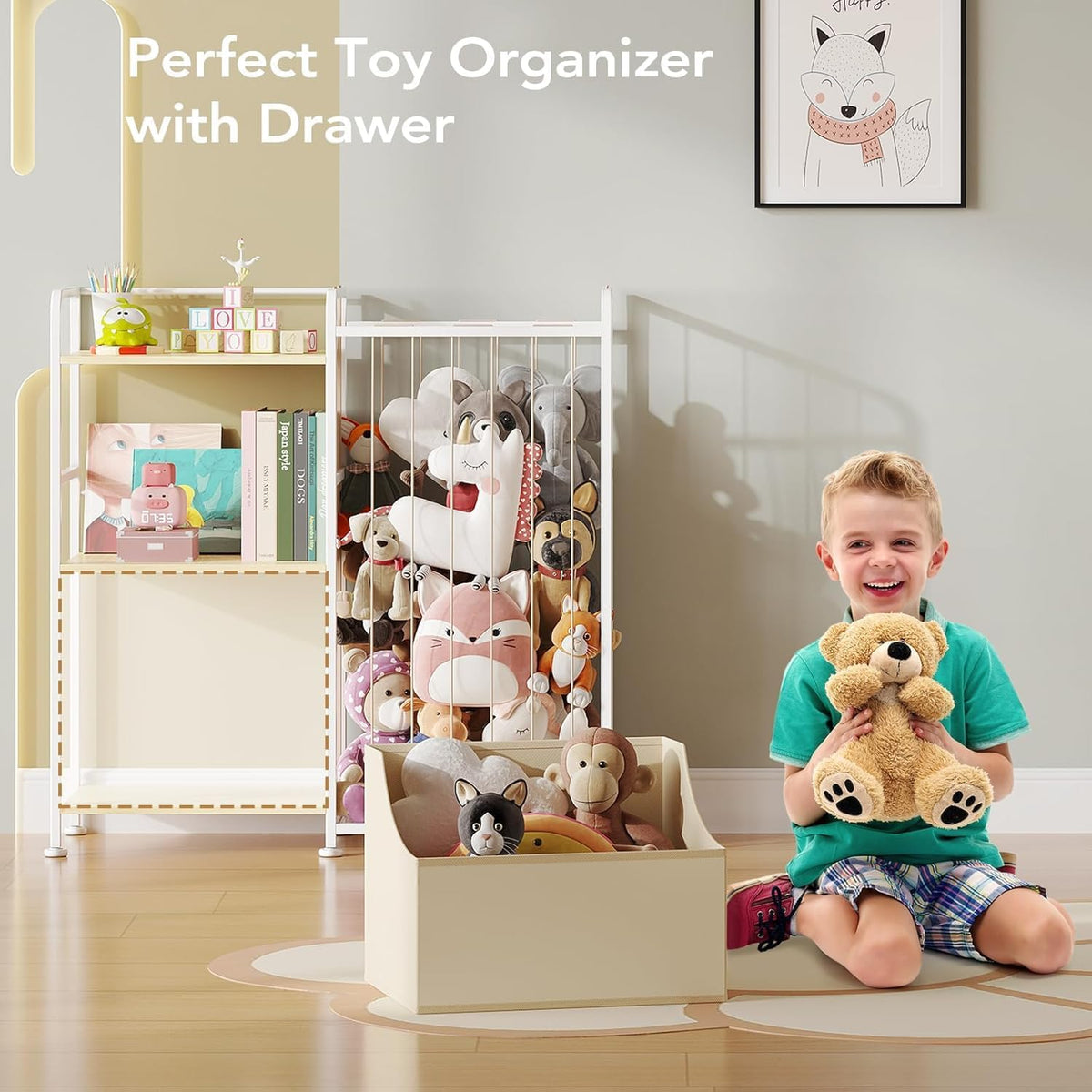 Toy Storage Organizer, Stuffed Animal Storage with Toy Bin, White